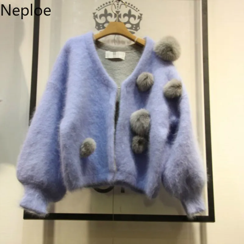 Neploe V Neck Loose Crazy Style Knitted Cardigans Sweater Lantern Long Sleeve Thick Warm Pull Femme Coat Autumn Winter New 47621