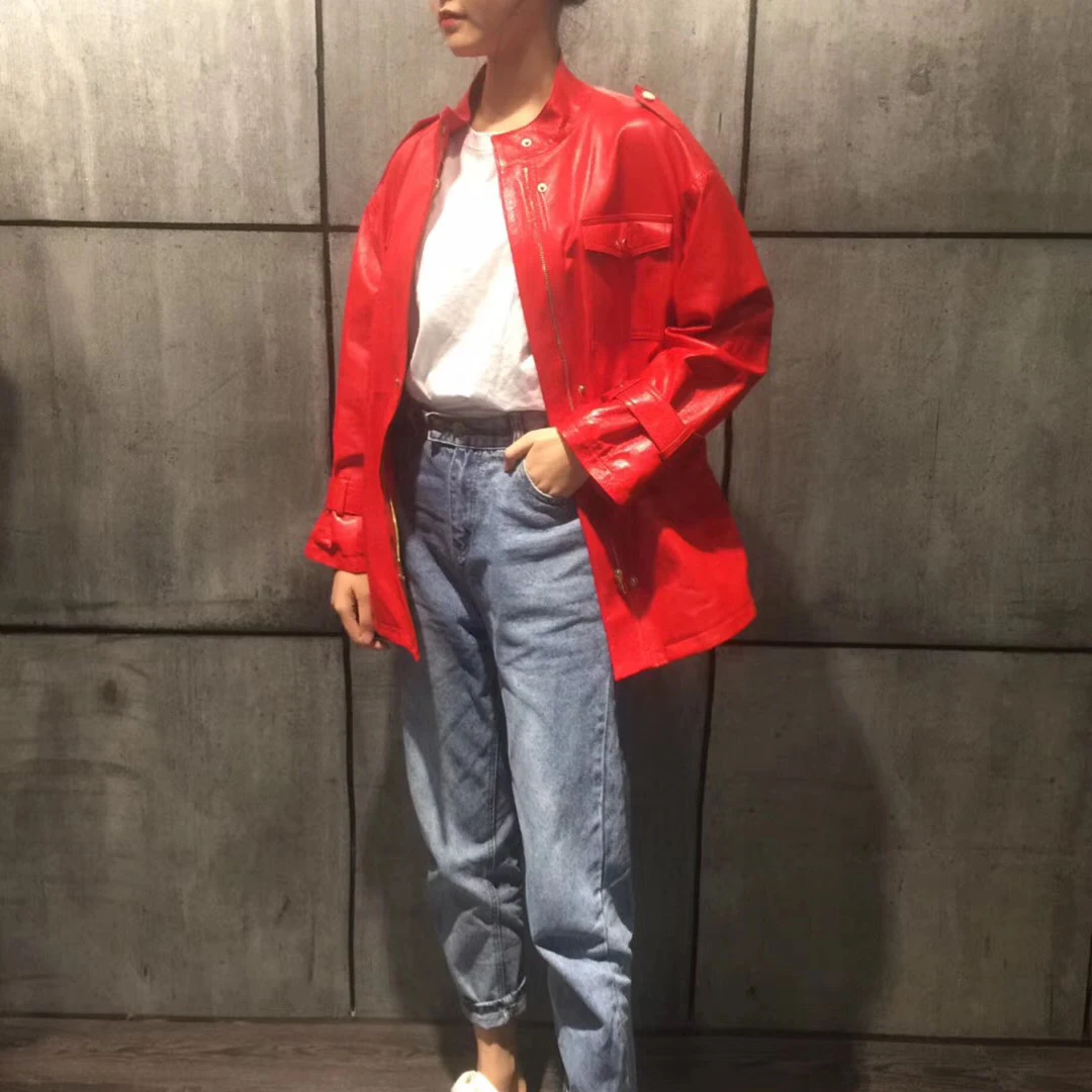 

Women leather jacket autumn plus size sheepskin coat 2019 new fashion safari style female overcoat luxury clothes