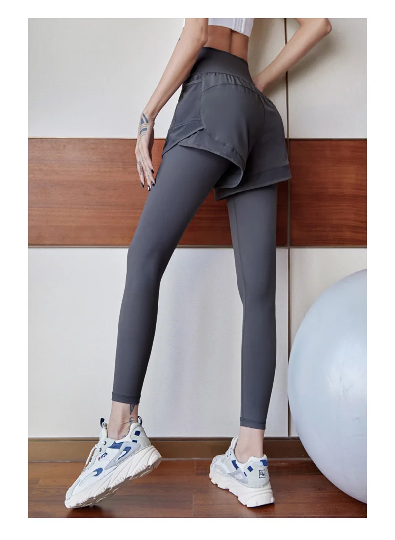 F.DYRAA Women High Waiste Yoga Pants fake two pieces Seamless Leggings High Elastic for Fitness Running Exercise Tights Leggins