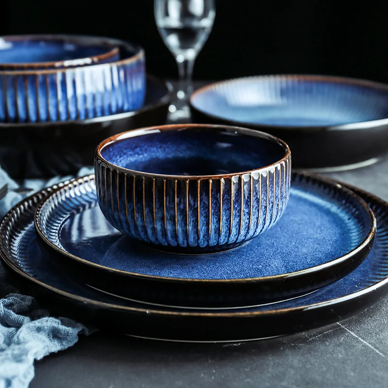 ANTOWALL Creative Nordic ceramic plate blue stripe flat plate household ceramic western pasta steak