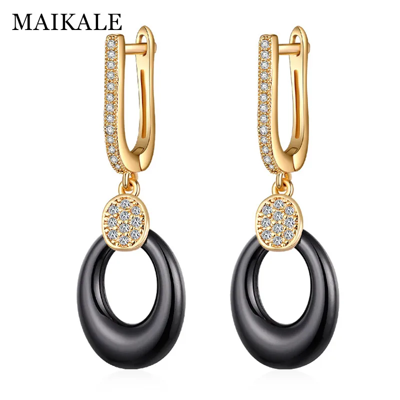 gold black MAIKALE новые модные черные белые керамические серьги-капли с кубическим цирконием Золотые/серебряные ювелирные изделия Висячие серьги для женщин - Окраска металла: gold black