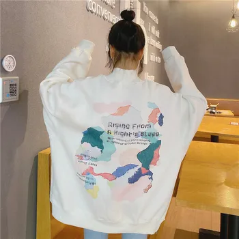 

Korean loose half turtleneck hoodies women harajuke pullovers print oversized hoodie plus size white hoodies