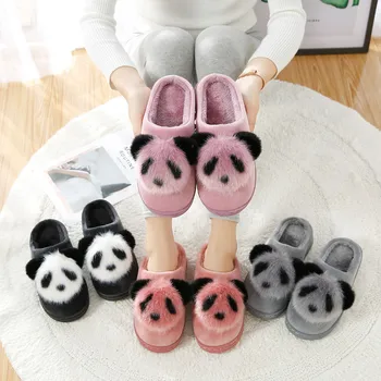 

Plus Size 36-41 Women's Slippers Winter Fur Slippers Black Pink Gray Cute Panda Warm Plush Indoor shoes Plush Shoes