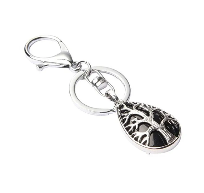 

FYJS Unique Silver Plated Circle Lobster Clasp Black Agates Water Drop Key Chain Tree of Life Jewelry