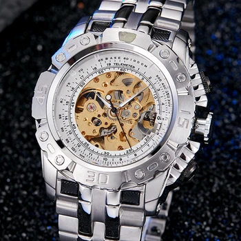 

Luxury Silver Gold Automatic Mechanical Watch for Men Skeleton Full Steel Self-wind Wristwatch Clock Big Dial relogio masculino