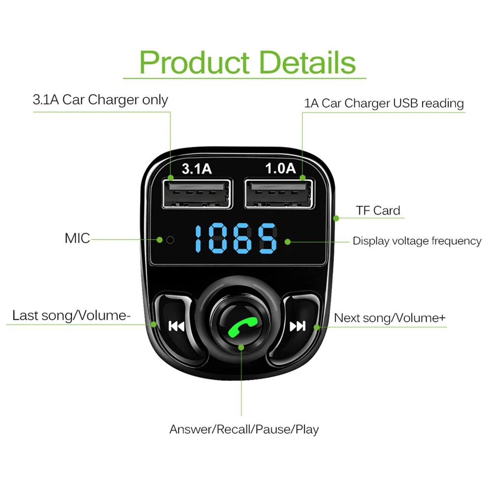 MP3-плеер Bluetooth USB fm-плеер AUX передатчик Hands-Free Автомобильное зарядное устройство радио приемник для автомобиля с двумя зарядными портами 3.1A