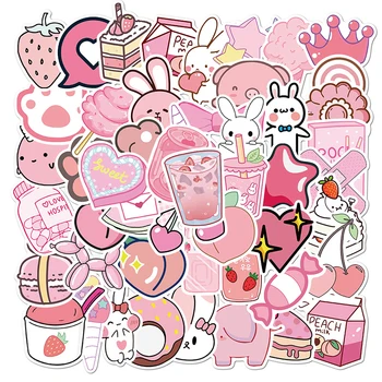 

50pcs Cartoon Kawaii Pink Stickers For Girls Luggage Laptop Skateboard Bicycle Backpack Decals Waterproof Notebook Stickers Pack