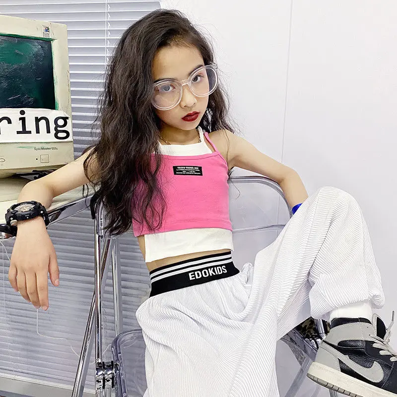 Dziewczęce fałszywe dwuczęściowe Camisole 2022 letnia nowa koreańska wersja dużego etykietowania dla dzieci długa koszula w stylu zagranicznym