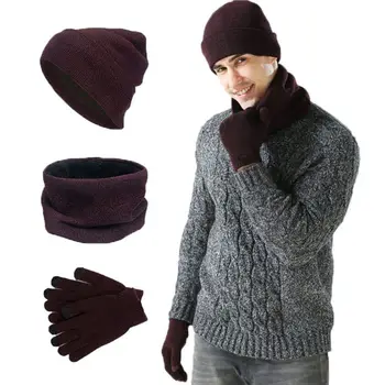 

Mens Womens 3Pcs Knitted Cuffed Beanie Hat Loop Scarf Touch Screen Gloves Set