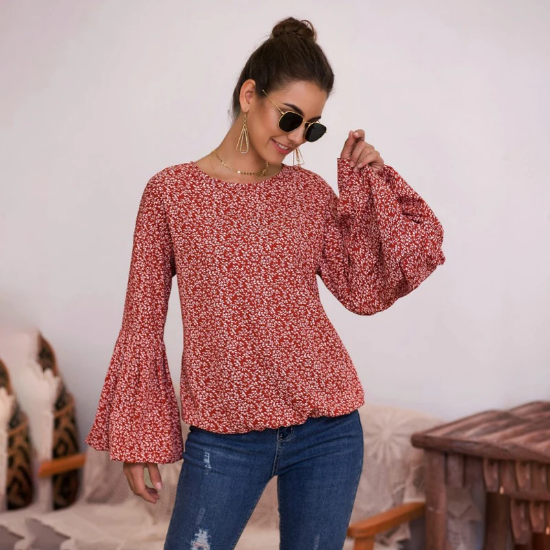 

Womens Long Sleeve Round Neck Bell Sleeve Shirt Tops Asymmetrical Loose Blouse Autumn Winter Tops Casual Loose