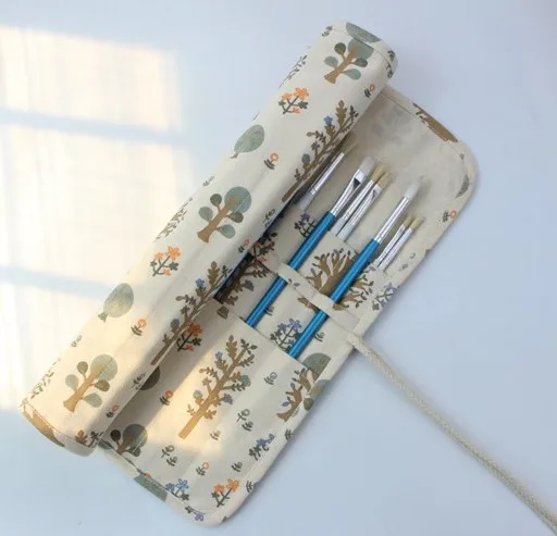 20 Holes Printing Canvas Pen Case Holders Paint Brush Roll Up Pencil Bag Pen Storage Pouch Large Capacity Tree 