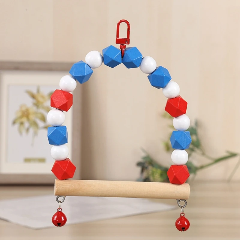 Wooden Bird Swing Parrot Chewing Hanging Perch with Bells Pet Birds Cage Toy for Small Parakeet Lovebird Cockatiel M6CE