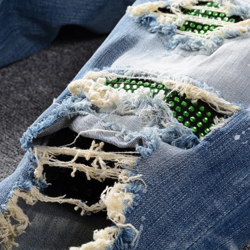 Sokotoo для мужчин кристалл отверстия рваные узкие сильно облегающие джинсы лоскутное состаренные синий стрейч джинсовые штаны