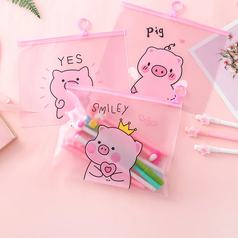 Bolsas Kawaii de PVC para documentos, carpeta de archivos de cerdo de dibujos animados, estuche para lápices, organizador de papelería, anillo, archivador, bolsas de papel para bolígrafo