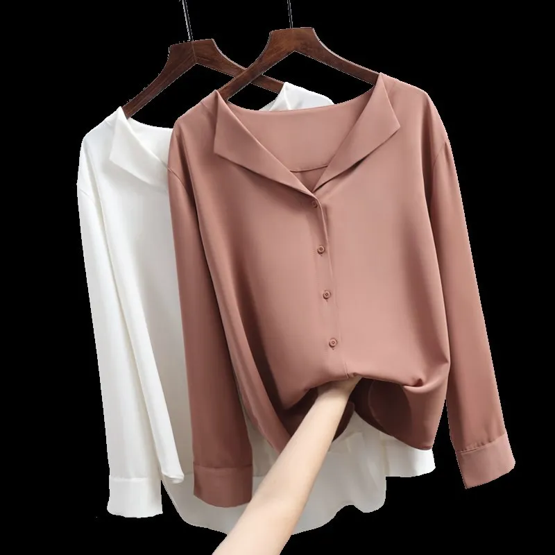 

2020 New Arrival Spring and Summer Womens Blouse Fashion V-neck Long-sleeved OL Girls Blouse Casual Solid Color Outwear