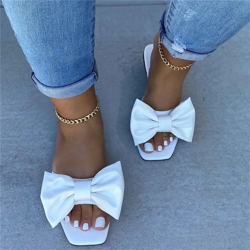 

Summer Slippers Women New Fashion Flat Sandals Ladies Casual Beach Shoes Flip Flop Butterfly-knot Square Toe Women Slippers