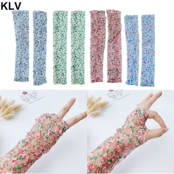 

Women Summer Sunscreen Wrinkled Floral Lace Arm Sleeves Cover Candy Color Mesh UV Protection Driving Fingeless Gloves