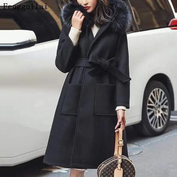 Зимнее хлопковое Женское пальто, Женское шерстяное пальто, повседневное длинное пальто, весна-осень, тонкая верхняя одежда из искусственной шерсти, теплая зимняя одежда - Цвет: black