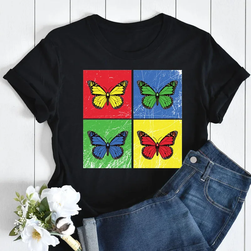 

Checkered Butterfly Women O-neck Casual Top Color Butterfly Women Fashion T-shirt New Women Top