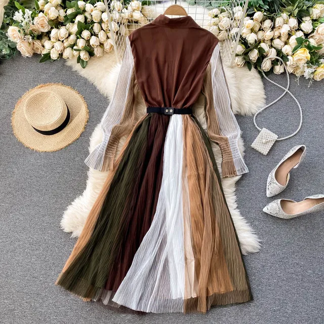 Wavsiyier Luxury A-line 2021 Boho Patchwork Autumn Elegant Dresses Women Party Long Sleeve High Waist Vintage Dress Spring Lace 4