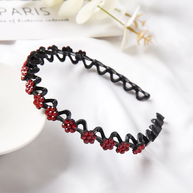 Fashion Pearl Non-Slip Rhinestone Hairbands Elastic Flower Women Hair Hoop Bands Headband Bezel Girls Hair Accessories Headdress 5 red