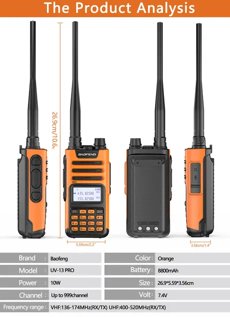 Baofeng UV-13 PRO Walkie Talkie 10W 8800mAh High Power 999 Channel Dual  Band UHF VHF Radio Transmitter Typ-C Jack Upgrade 10R