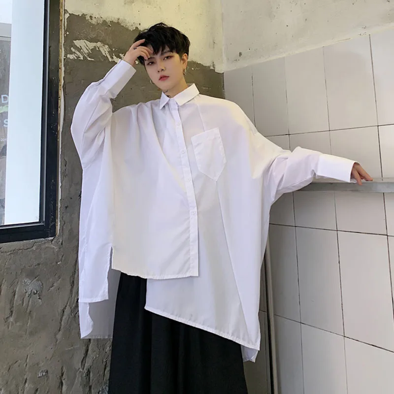 Men Oversized Long Sleeve Asymmetric Design Loose Black White Shirt Male Japan Streetwear Hip Hop Gothic Casual Shirts