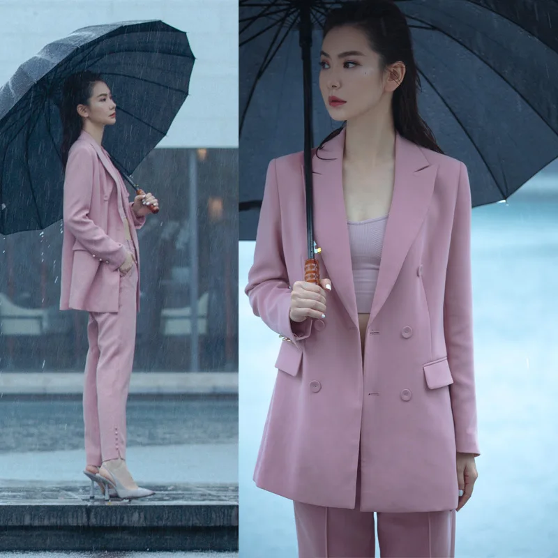 

2019 New Autumn Dress Rose Pink Suit Female Feet Pants Split Small Suit Coat Occupation Suit