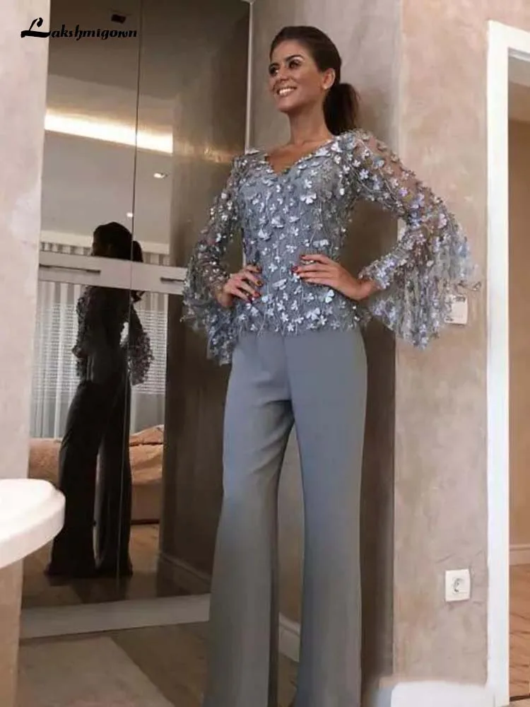Silver Grey Lace Moeder Van De Bruid Broek Past Voor Bruiloft Bruidegom Jurk 3D Bloemen Geappliceerd Lange Mouwen Formele Outfit kledingstuk Silver Grey Lace Moeder Van De Bruid Broek Past Voor Bruiloft Bruidegom Jurk 3D Bloemen Geappliceerd Lange Mouwen Formele Outfit kledingstuk