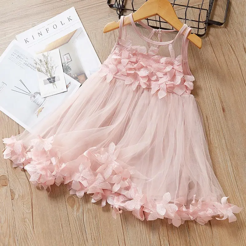 Платье для маленьких девочек; летнее Сетчатое платье с цветочным узором для девочек; детская повседневная одежда; Детские праздничные платья для девочек - Цвет: AZ666 Pink