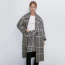 Новое Женское клетчатое пальто ZA, Трендовое, с отложным воротником, с длинным рукавом, свободные карманы, с разрезом сзади, осенне-зимнее пальто