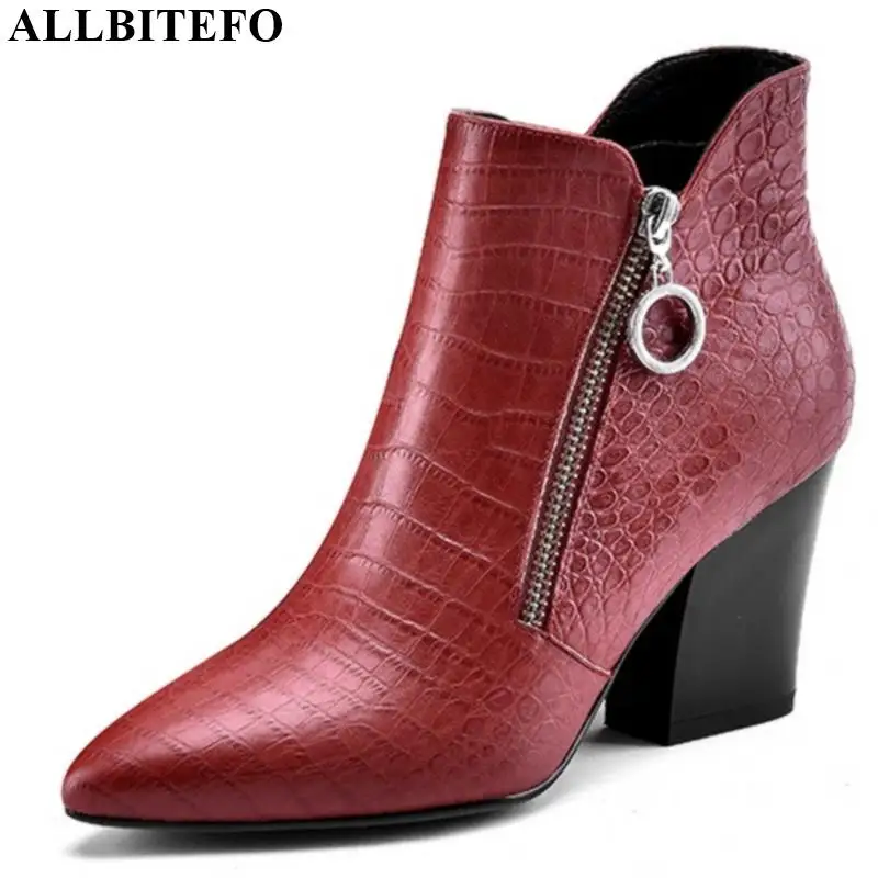 

ALLBITEFO natural genuine leather high heel women boots special style ankle boots fashion winter girl boots office ladies
