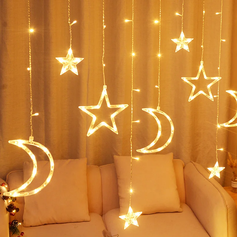 Twinkle Star/Moon Fairy Light Ornament 12 Led Curtain String Lights for Bedroom Ramadan Birthday Christmas Indoor Decorations