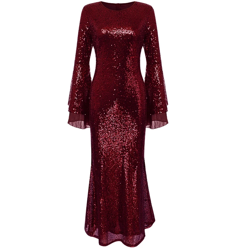 Belle Poque, сексуальное облегающее платье с расклешенными рукавами, женское платье с блестками, элегантные платья для вечеринок, женские платья с круглым вырезом - Цвет: Wine Red