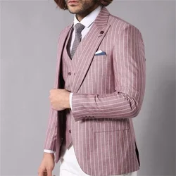 2021 New High Quality Customized Fashion Striped Pink Men's Suit Peak Lapel Wedding Slim 3-Piece Set (Coat + Pants + Vest + Tie)