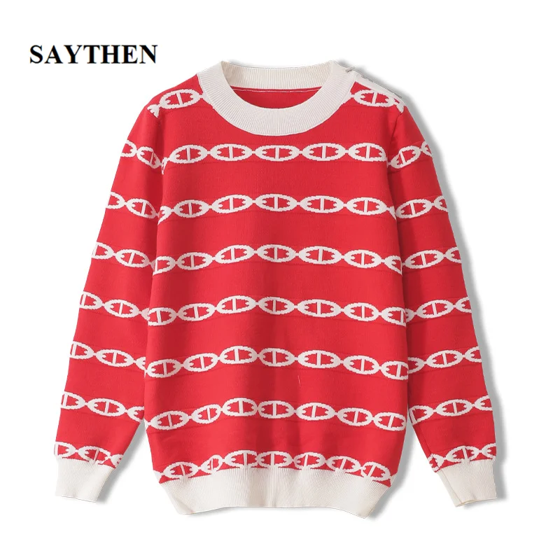 

Saythen Jacquard loose knitted women sweater pullover Round neck long sleeves 2020 fashion new autumn and winter tops