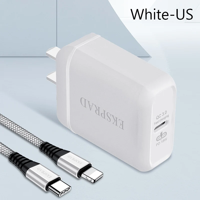 EKSPRAD для iPhone 11 PD зарядное устройство 18 Вт USB C PD 3,0 быстрое зарядное устройство с кабелем для ipad iPhone телефон настенное зарядное устройство США/ЕС переходник - Тип штекера: White US PLUG
