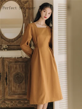 

High Quality 2019 Autumn Winter New Arrival Retro Square Collar Long Sleeve Woman Long Dress