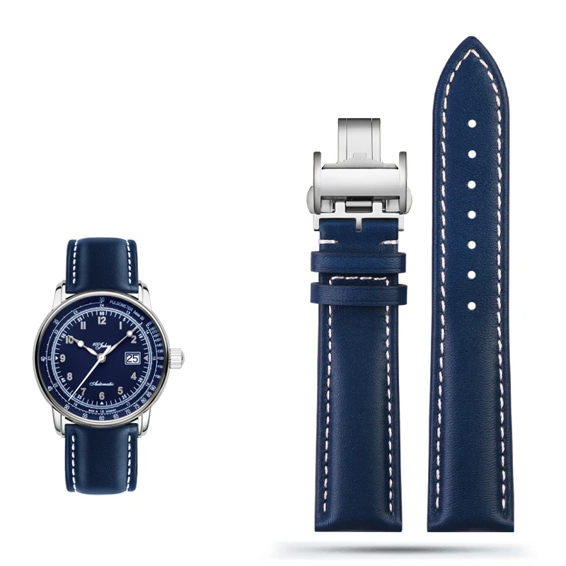 Blue Genuine Leather Watch Band Strap, 21mm/22mm – Premium Replacement Watch Strap Belt Bracelet