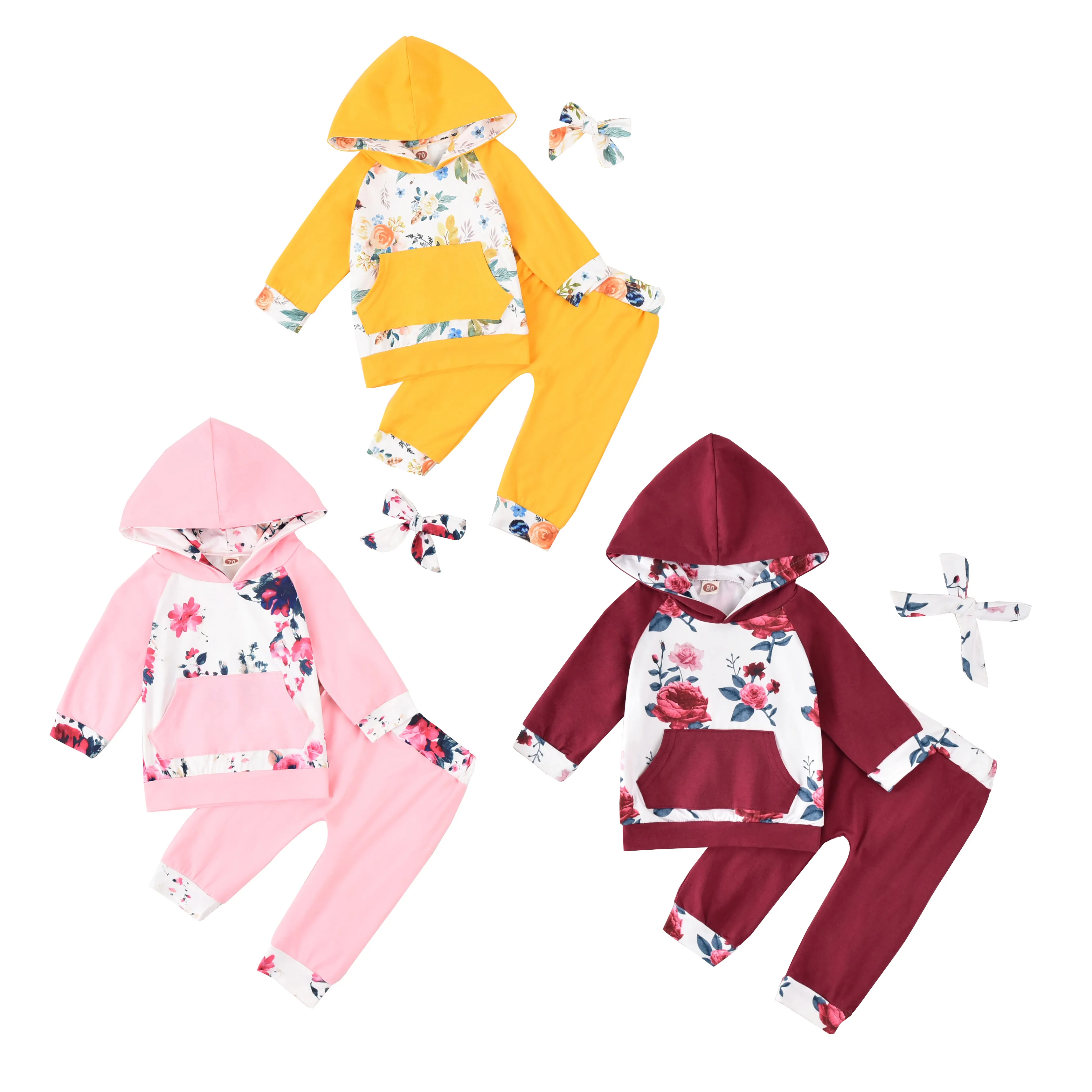 

2020 Fall Spring Newborn Toddler Girls Suit Clothing Set Long Sleeve Floral Print Hooded Pullover Sweatshirt+Long Pants 0-18M
