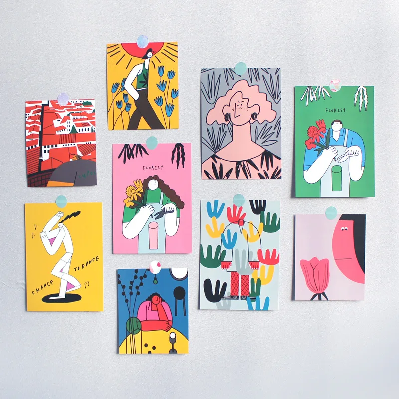 Postales de Arte Abstracto coreano, 9 hojas, pintura a mano de doble cara, ilustración, decoración de tarjetas, pegatina de pared, accesorios para fotos