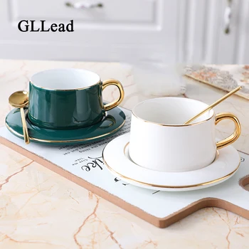 

GLLead European Ceramic Coffee Cup Set Creative Teacup With Dessert Plate Breakfast Milk Cups Home Cafe Office Fun Porcelain