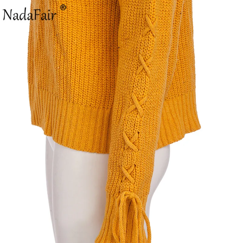 Nafdafair, сексуальный, с открытыми плечами, Женский вязаный свитер, пуловер, крест-накрест, на шнуровке, осень, v-образный вырез, зимний свитер, джемпер, Pull Femme