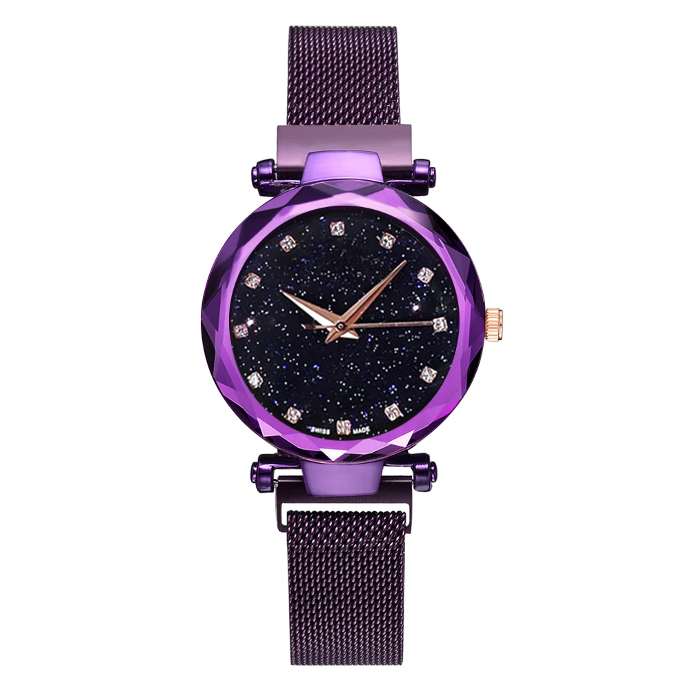 Лидирующий бренд Роскошные часы для женщин розовое золото сетка Магнит пряжка Звездное кварцевые наручные часы Геометрическая поверхность женские градиентные часы