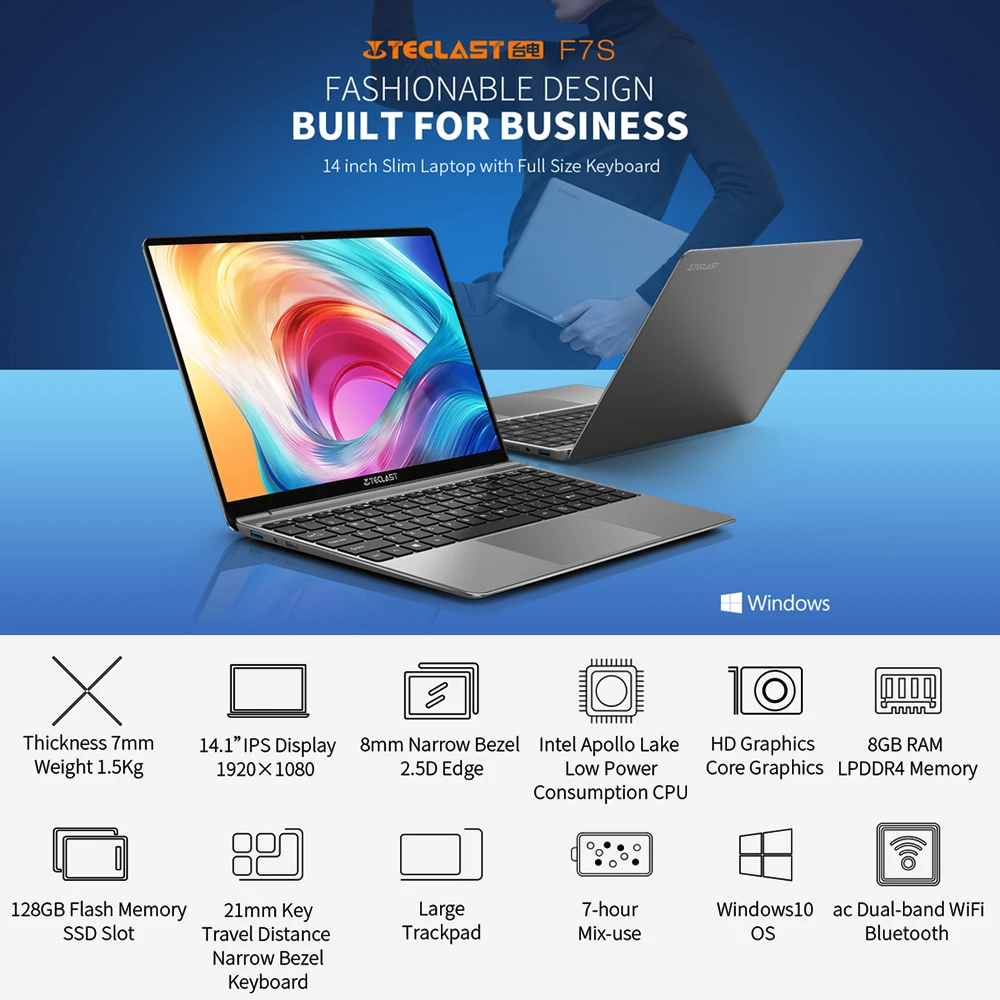 Teclast F7S Laptop 14.1" notebook 8GB RAM 128GB eMMC Intel Celeron N3350 Windows10 OS 1920x1080 IPS playback 4K Videos Mini-HDMI-1