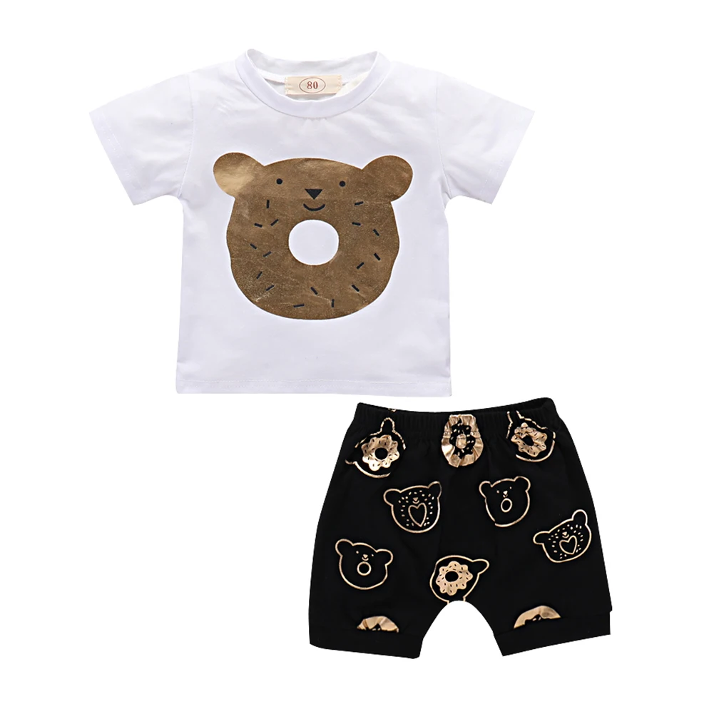 

Summer Kid Short Sleeve Bear Printed T-shirt Pants Two-pieces Suit Set