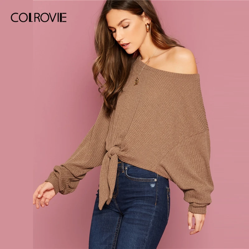 COLROVIE, ребристая трикотажная футболка с узлом, женская футболка с вырезом лодочкой, стильные футболки, Осенние повседневные пуловеры с рукавом Бишоп, сексуальные однотонные Топы