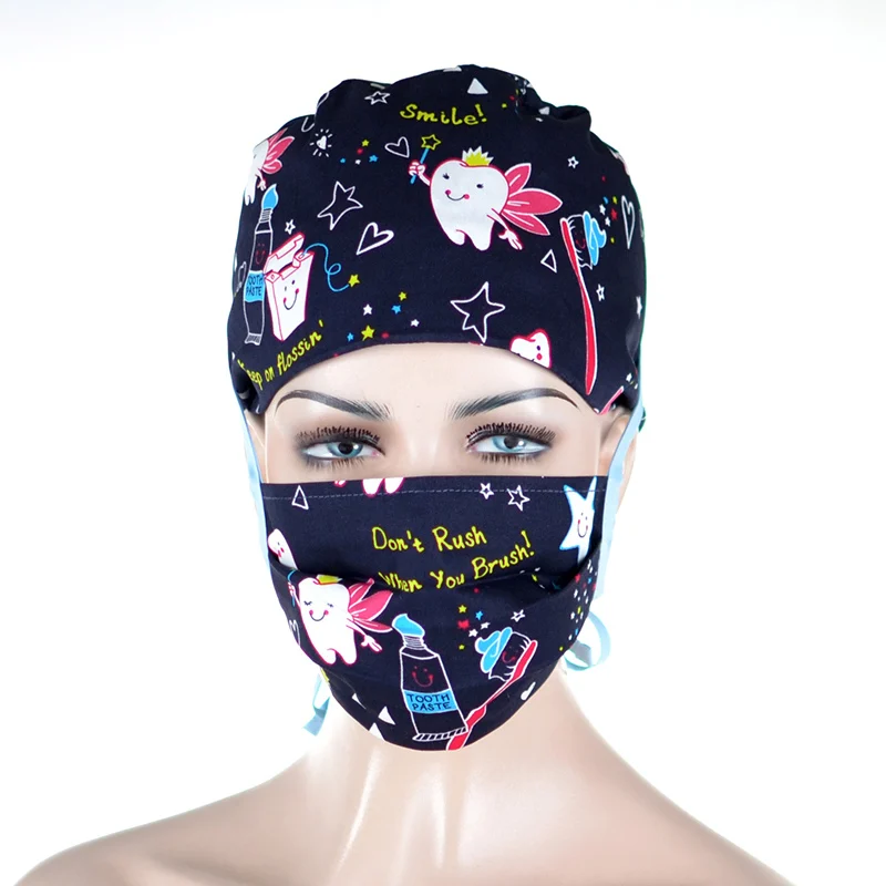 

10 Colors Tooth Fairy Dentists Work Hats Surgical Scrub Cap and Mask Women Men Dental Clinic Medical Hats Chef Skull Cap Masks