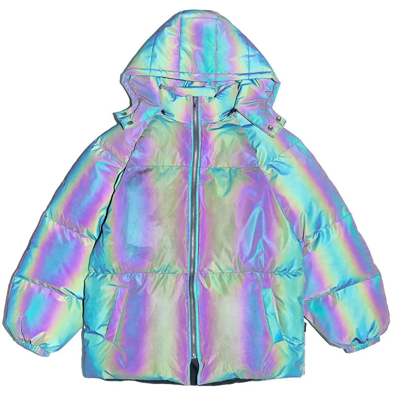 

Stylish noctilucent Men Coat With Hoods, Paka Rainbow Reflective Laser Color Streetwear Harajuku Winter Clothes