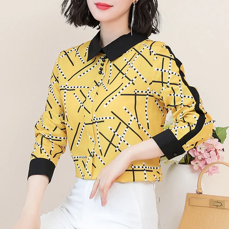 

2019 Autumn New Arrival OL Style Fashion Turn-down Collar Color Block Long Sleeve Woman Chiffon Blouse